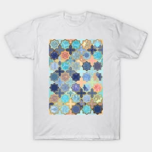 Cream, Navy and Aqua Geometric Tile Pattern T-Shirt